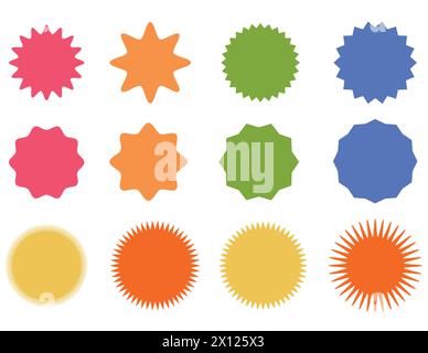 Set of vector stars, sunburst icons. Colored on white. Simple vintage flat style labels, stickers. Design elements. Collection of different types of i Stock Vector