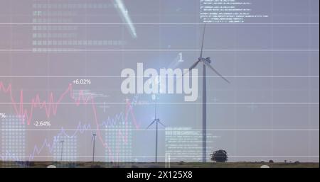 Image of graphs, binary codes and computer language over windmills against sky Stock Photo