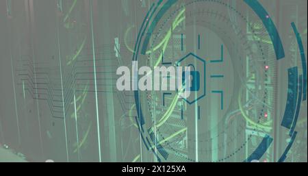 Image of padlock icon in circle over network server systems Stock Photo