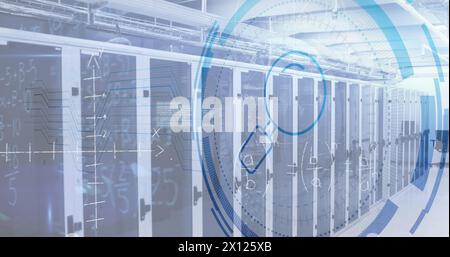 Image of magnifying glass and maths equations over data server systems Stock Photo