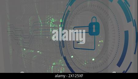 Image of padlock and card icon in circle over data server systems Stock Photo