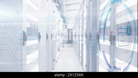 Image of padlock and card icon in circle over data server room Stock Photo