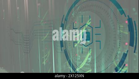 Image of padlock icon in circle over network server systems Stock Photo