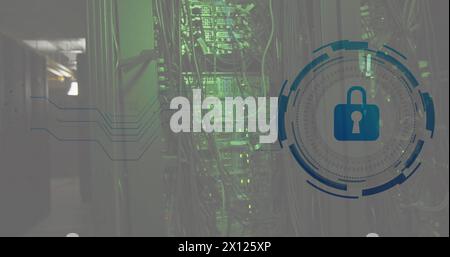 Image of padlock icon in circle over cables of data server systems Stock Photo