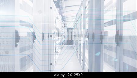 Image of padlock and card icon in circle over data server room Stock Photo