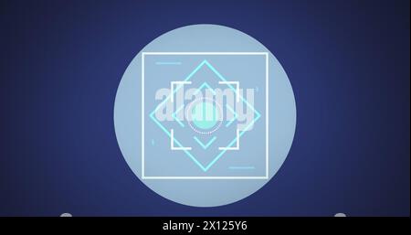 Image of neon scope scanning over grey round banner against copy space on blue background Stock Photo