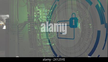 Image of padlock and card icon in circle over network server systems Stock Photo