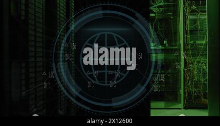 Image of clock and scope scanning over digital brain and data processing on black background Stock Photo