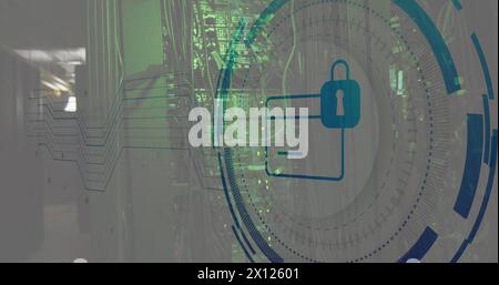 Image of padlock and card icon in circle over network server systems Stock Photo