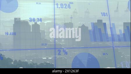 Image of statistics and financial data processing over cityscape Stock Photo