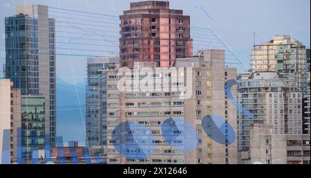 Image of statistics and financial data processing over cityscape Stock Photo