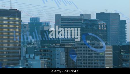 Image of statistics and financial data processing over cityscape Stock Photo