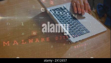 Digital composite of a man working on his laptop while drinking coffee and codes running in the fore Stock Photo
