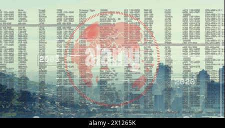 Image of globe and financial data processing over cityscape Stock Photo