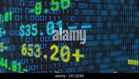 Image of financial data over binary code on black background Stock Photo