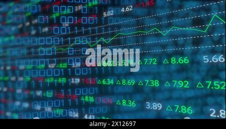 Image of financial data over binary code on black background Stock Photo