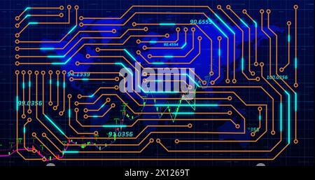 Image of financial data over world map and integrated circuit Stock Photo