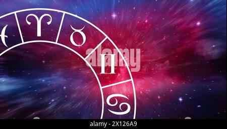 Image of horoscope symbols over stars on blue background Stock Photo