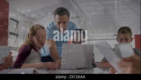 Image of math formulas moving over diverse male teacher and pupils working on laptop Stock Photo
