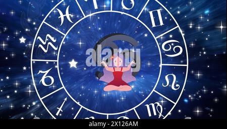 Image of horoscope symbols over stars on blue background Stock Photo