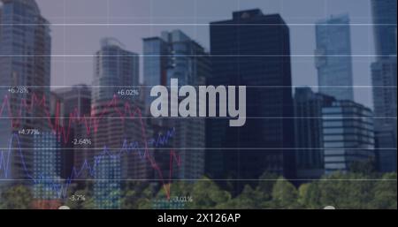 Image of data processing over cityscape Stock Photo