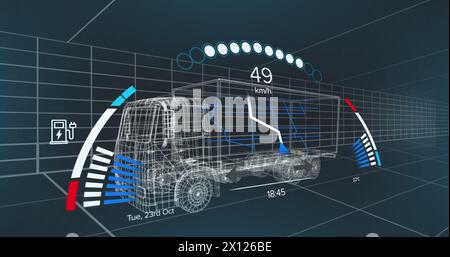 Image of speedometer over electric truck project on navy background Stock Photo