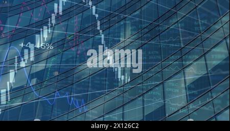 Image of financial graphs and data over cityscape Stock Photo