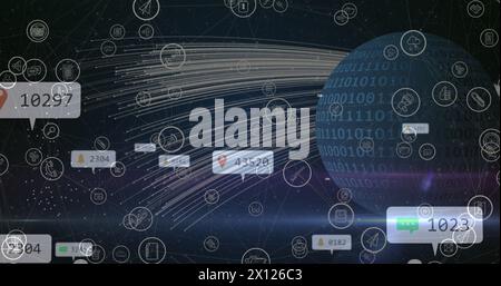 Image of globe with binary coding and network of social media icons and numbers Stock Photo