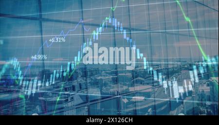 Image of data processing over cityscape Stock Photo