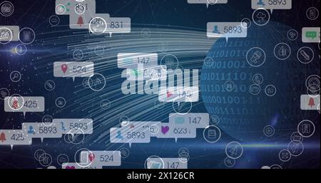 Image of globe with binary coding and network of social media icons and numbers Stock Photo