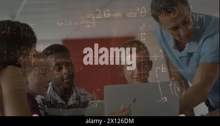 Image of math formulas moving over diverse male teacher and pupils working on laptop Stock Photo