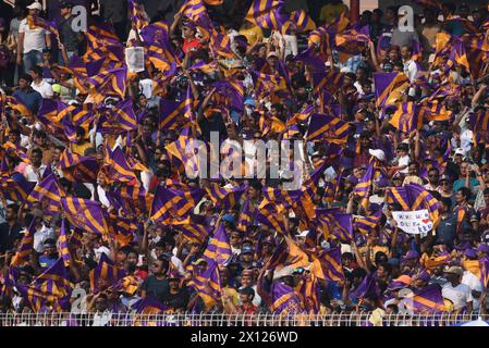 Kolkata, West Bengal, India. 14th Apr, 2024. Kolkata Knight Riders' fans cheer their team onduring the Indian Premier League (IPL) Twenty 20 cricket match between Kolkata Knight Riders and Lucknow Super Giants at the Eden GardensKolkata Knight Riders beat Lucknow Super Giants by 8 wickets (Credit Image: © Dipa Chakraborty/eyepix via ZUMA Press Wire) EDITORIAL USAGE ONLY! Not for Commercial USAGE! Stock Photo