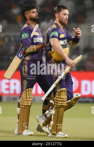 April 14, 2024, Kolkata City, India,: Kolkata Knight Riders' captain Shreyas Iyer (L) and Phil Salt walks back to the pavilion after  win against Lucknow Super Giants at the end of their Indian Premier League (IPL) Twenty 20 cricket match in the Eden Gardens of Kolkata. Kolkata Knight Riders beat Lucknow Super Giants by 8 wickets Stock Photo