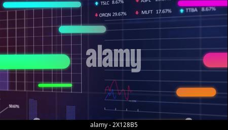 Image of abstract patterns over graphs, trading board and computer language on blue background Stock Photo