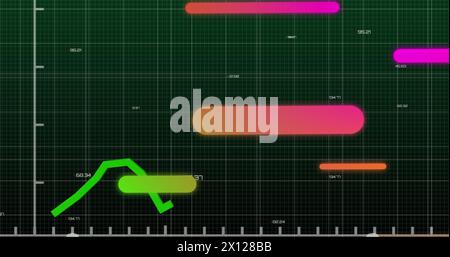 Image of abstract pattern over graph and increasing numbers against grid pattern Stock Photo