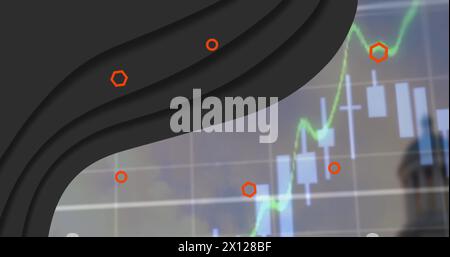 Image of abstract pattern with hexagons, circles and graph over cloudy sky Stock Photo