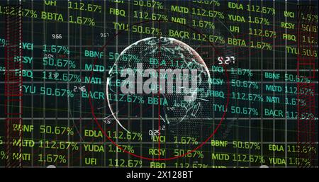 Image of globe in circle, trading board and numbers changing against black background. Digitally generated, hologram, globalization, growth, stock boa Stock Photo