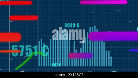Image of abstract pattern over graph and increasing numbers with multiple currency symbols Stock Photo