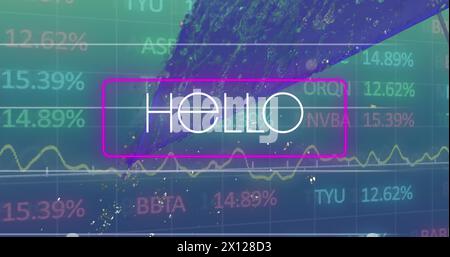 Image of hello text in rectangle over graphs, numbers and trading board over abstract pattern Stock Photo