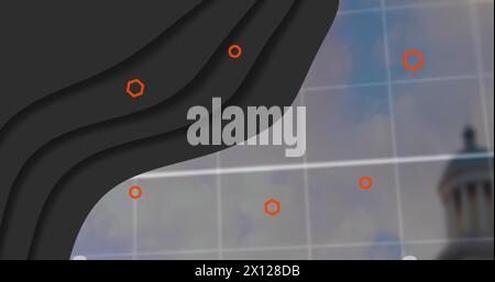 Image of abstract pattern with hexagons, circles and graph over cloudy sky Stock Photo