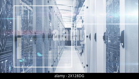 Image of data processing and light spot against microprocessor connections over server room Stock Photo