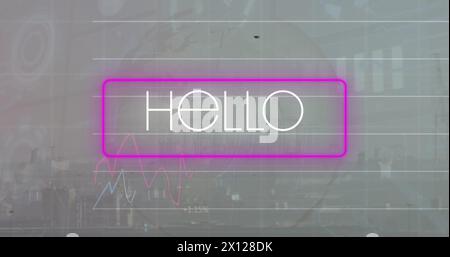 Image of hello text in rectangle, graphs and numbers over globe against city in background Stock Photo