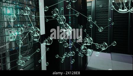 Image of icons connected with lines over server room in background Stock Photo
