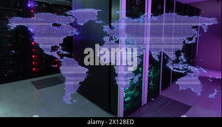 Image of glitch technique in map over illuminated server rack in server room Stock Photo