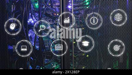 Image of icon in circles over illuminated server rack in server room Stock Photo
