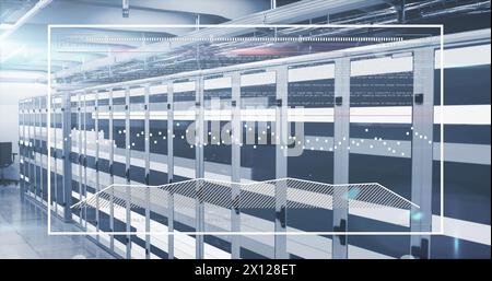 Image of statistical data processing against light trails over computer server room Stock Photo