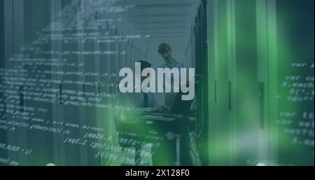 Image of data processing over diverse business people in server room Stock Photo