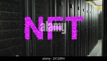 Image of purple nft text banner against computer server room Stock Photo