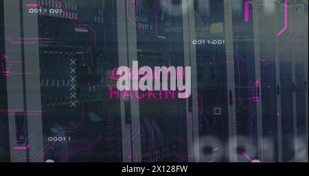 Image of circuit board pattern around growth hacking text and binary codes over server room Stock Photo