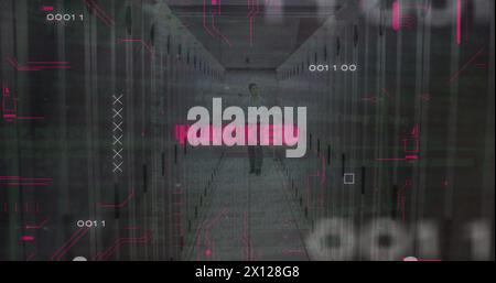 Image hacked text, computer language, caucasian male engineer inspecting server room Stock Photo